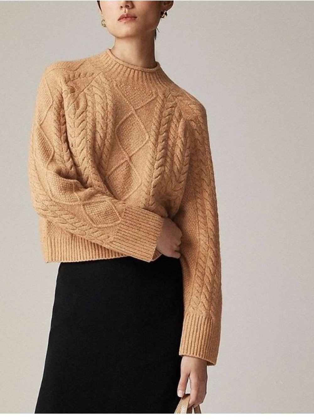 J.Crew Supersoft Cable Knit Roll Neck Sweater Camel Wool Blend Cozy Size L